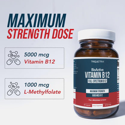 BioActive Vitamin B12 - 5000 mcg, Contains 3 BioActive Forms B12 Plus Methylfolate Cofactor - Methyl B12, Adenosyl B12 & Hydroxy B12 | Supports Energy - Maple Wellness Supplements