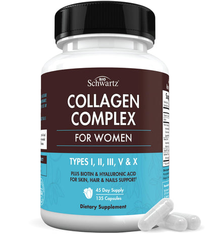 BioSchwartz Hydrolyzed Collagen Peptide Capsules - Multi Collagen Supplements for Women Types I, II, III, V, X with Vitamin C, Biotin, - Maple Wellness Supplements