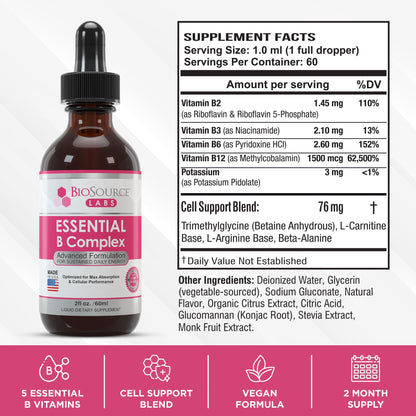 BioSource Labs Essential B Complex - Daily Vegan Vitamin B-Complex Sublingual Liquid - Maple Wellness Supplements