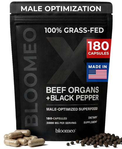 Bloomeo Beef Organ Supplement for Men | 100% Grass Fed Beef Liver Capsules with Bull Testicle, Prostate, Bone Marrow & More X: Ancestral Superfoods for Vital Energy, Immunity & Men’s Health, 180 ct - Maple Wellness Supplements