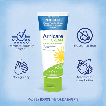 Boiron Arnicare Cream for Joint Pain, Muscle Pain, Swelling, Soreness, Stiffness, and Bruises - Fast Absorbing and Fragrance-Free - 2.5 oz - Maple Wellness Supplements