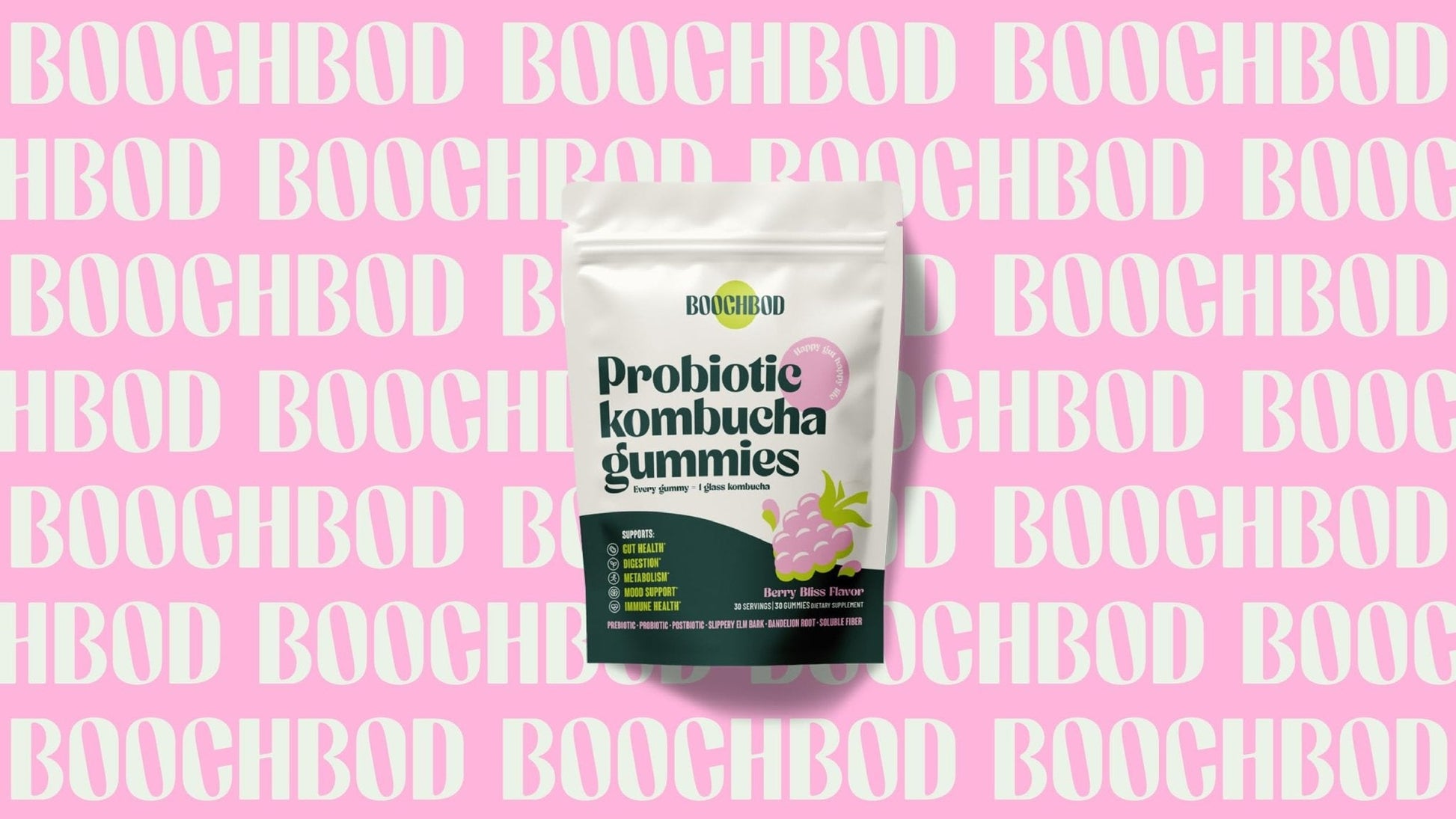 BoochBod - Probiotic Kombucha Gummy - Prebiotics, Probiotics, Postbiotics, Fiber Supplement, Slippery Elm, Dandelion Root - Maple Wellness Supplements