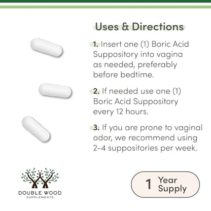 Boric Acid Suppositories 60 Count, Supports Women Health (Easy Dissolve, Third Party Tested) by Double Wood - Maple Wellness Supplements