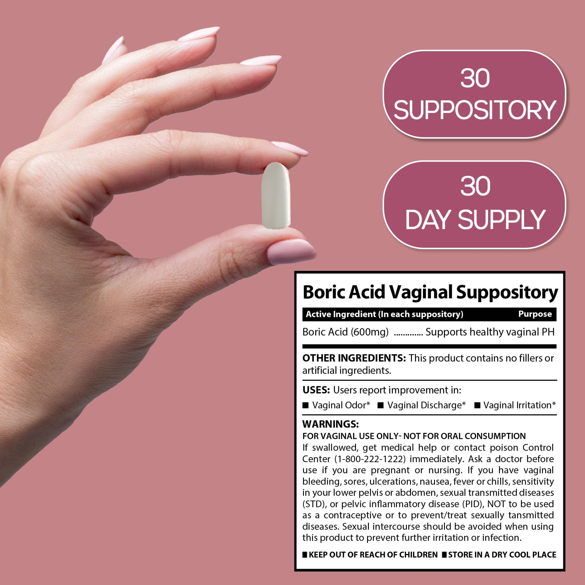Boric Acid Suppositories for Women 600 mg, Pure Boric Acid pH Balance for Women & Vaginal Odor Control – 30 Suppositories, Made in USA - Maple Wellness Supplements