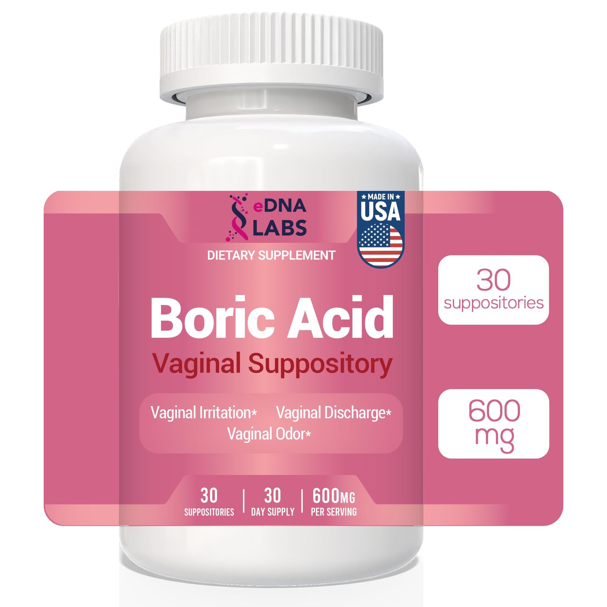 Boric Acid Suppositories for Women 600 mg, Pure Boric Acid pH Balance for Women & Vaginal Odor Control – 30 Suppositories, Made in USA - Maple Wellness Supplements
