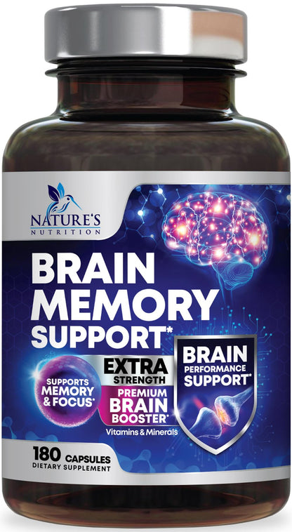 Brain Memory Supplement Pills - 3X Strength Nootropics for Concentration, Clarity & Focus Support - Brain Health Cognitive Vitamins with Bacopa, Phosphatidylserine & DMAE, Brain Booster - 180 Capsules - Maple Wellness Supplements