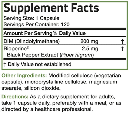 Bronson DIM Supplement 200 MG Diindolymethane with BioPerine for Enhanced Absorption, Estrogen Metabolism & Maintains Balanced Hormone Levels, 120 Vegetarian Capsules - Maple Wellness Supplements