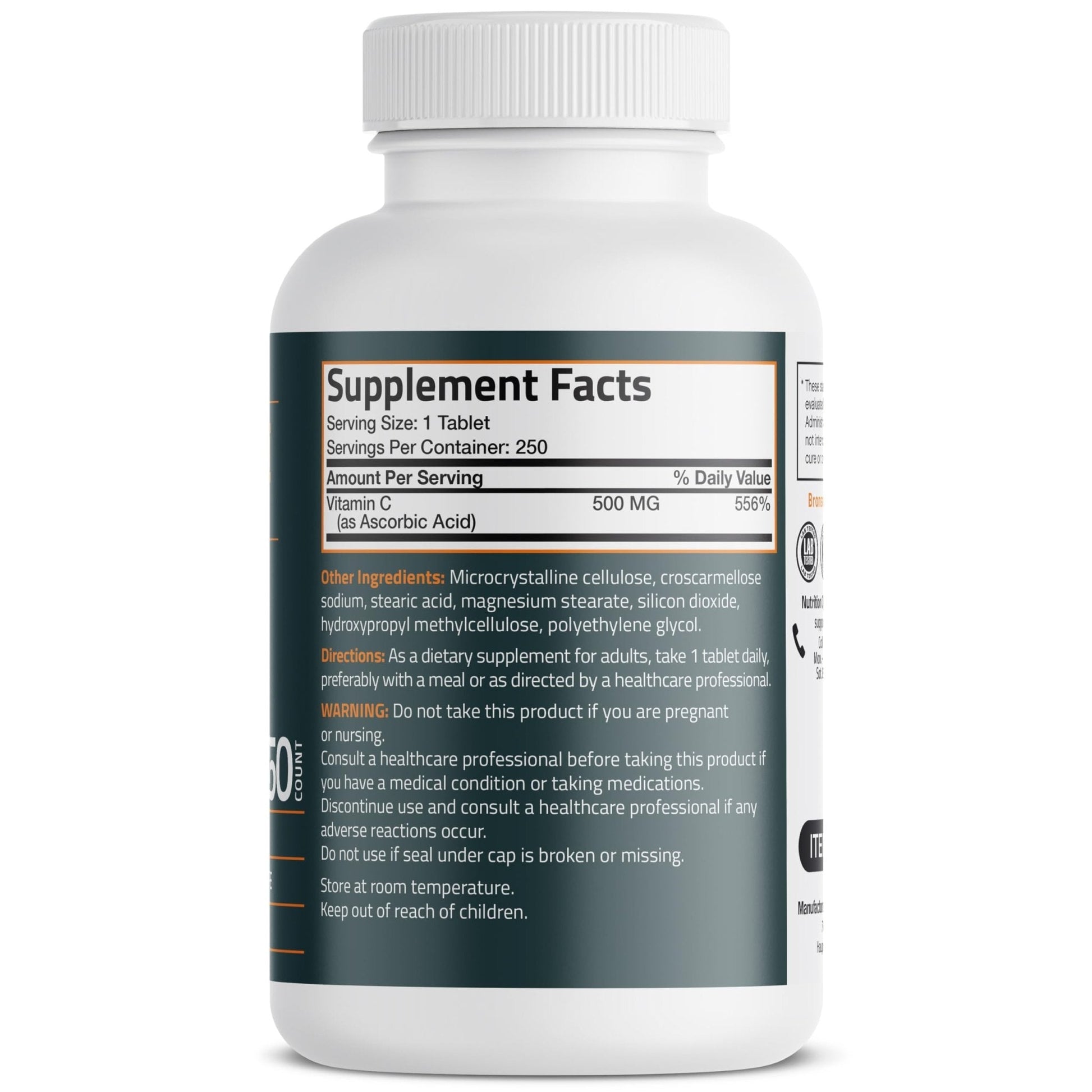 Bronson Vitamin C 500 MG Supports a Healthy Immune System & Antioxidant Protection, Non-GMO, 250 Vegetarian Tablets - Maple Wellness Supplements