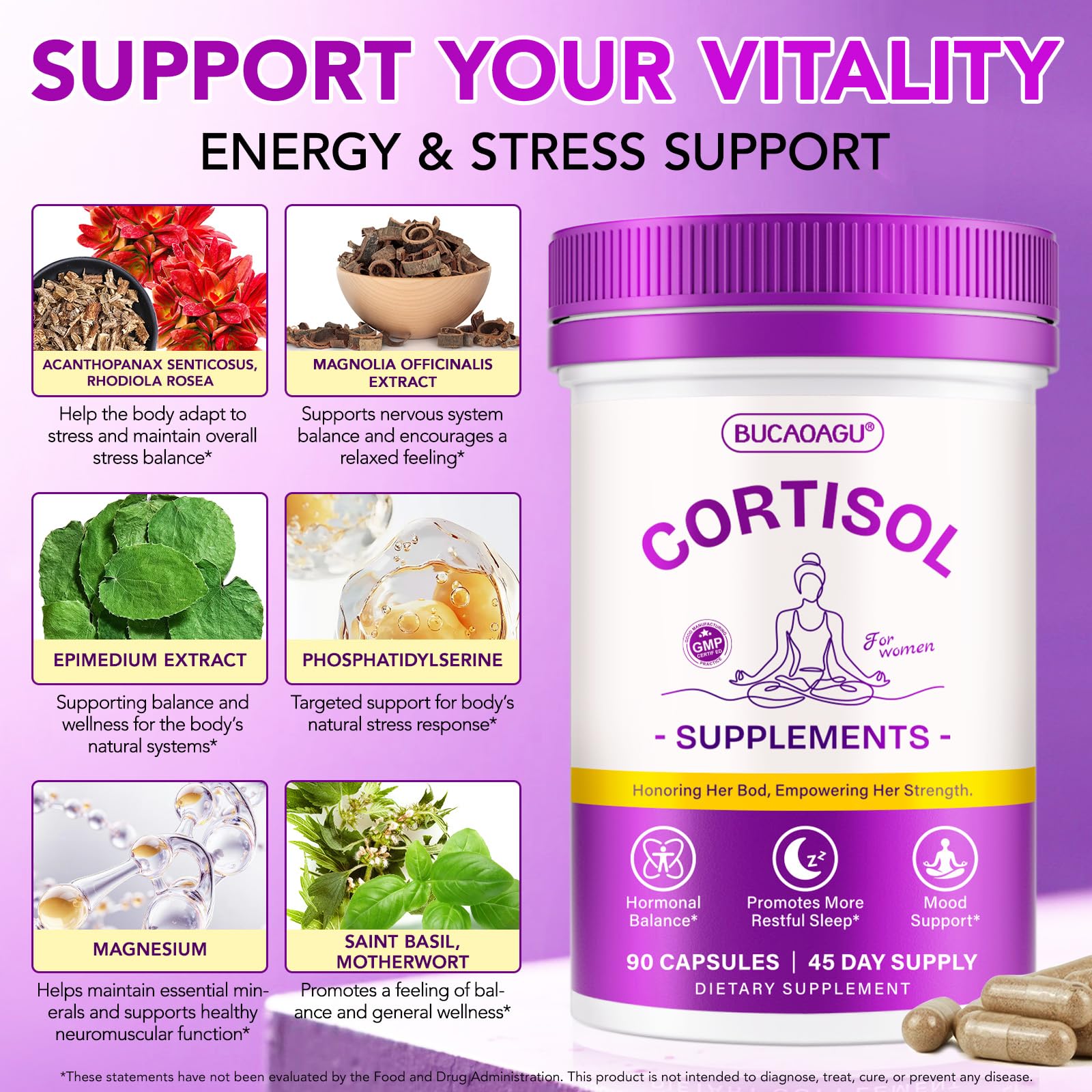 BUCAOAGU Cortisol Supplements for Women - Cortisol Reducer & Stress Support - Magnolia Bark, Rhodiola Rosea, Holy Basil, Magnesuim, Phosphatidylserine - Hormone Balance & Mood, Focus, Sleep Support - Maple Wellness Supplements