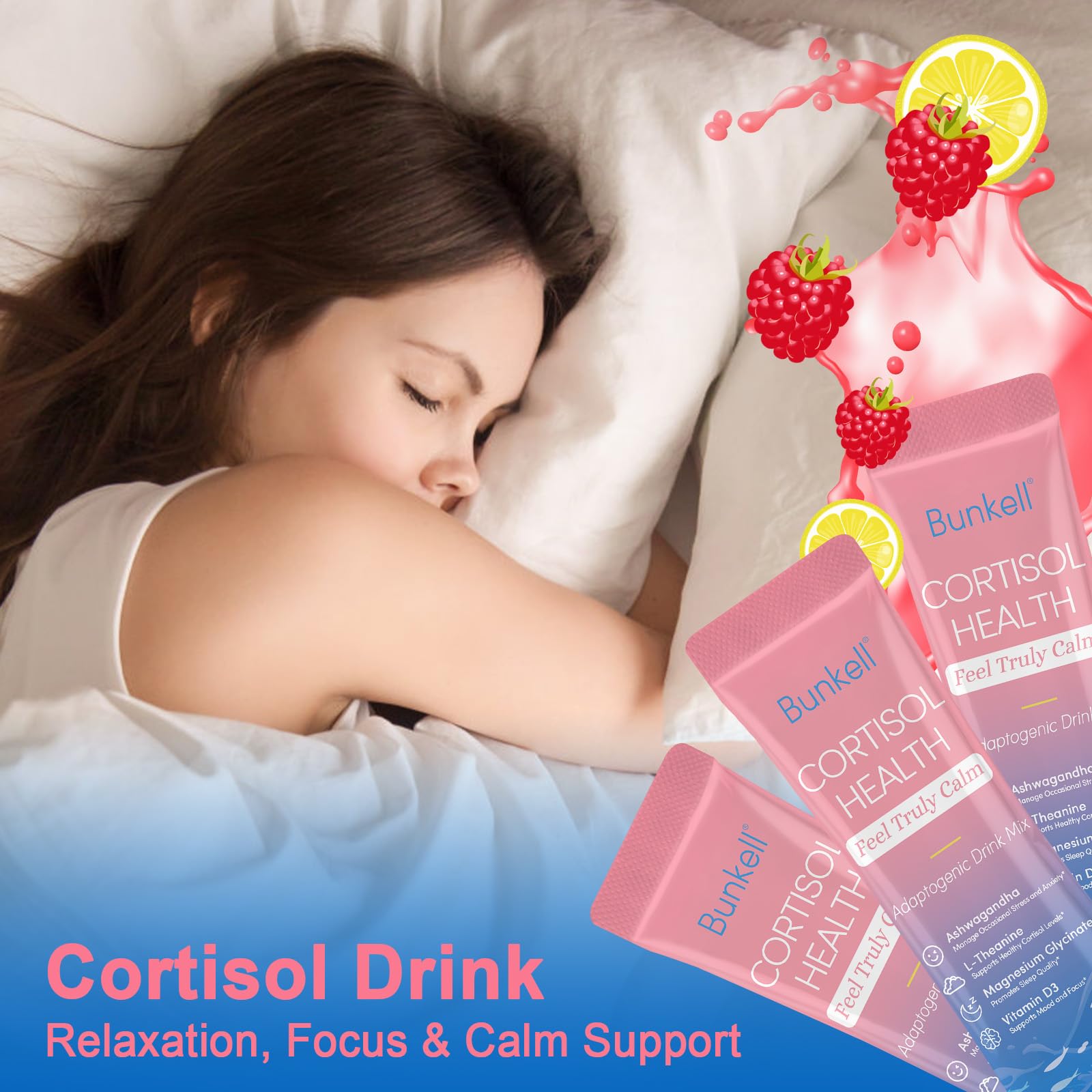 Bunkell Cortisol Powdered Drink Mix, Made with Magnesium Glycinate, L-Theanine, Ashwagandha & Vitamin D3, Cortisol Supplements for Relaxation, Focus & Calm Support, Raspberry Lemonade Flavor, 30 Ct - Maple Wellness Supplements