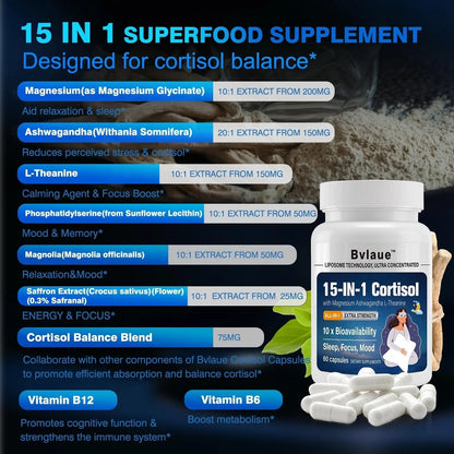 Bvlaue Cortisol Supplements for Women & Men - 15-in-1 Cortisol Reducer Manager Lower w/Ashwagandha,Magnesium,L-Theanine/Saffron Vitamin B6 & B12,60 Vegan CT for Stress Relief Sleep,Mood,Non-GMO - Maple Wellness Supplements