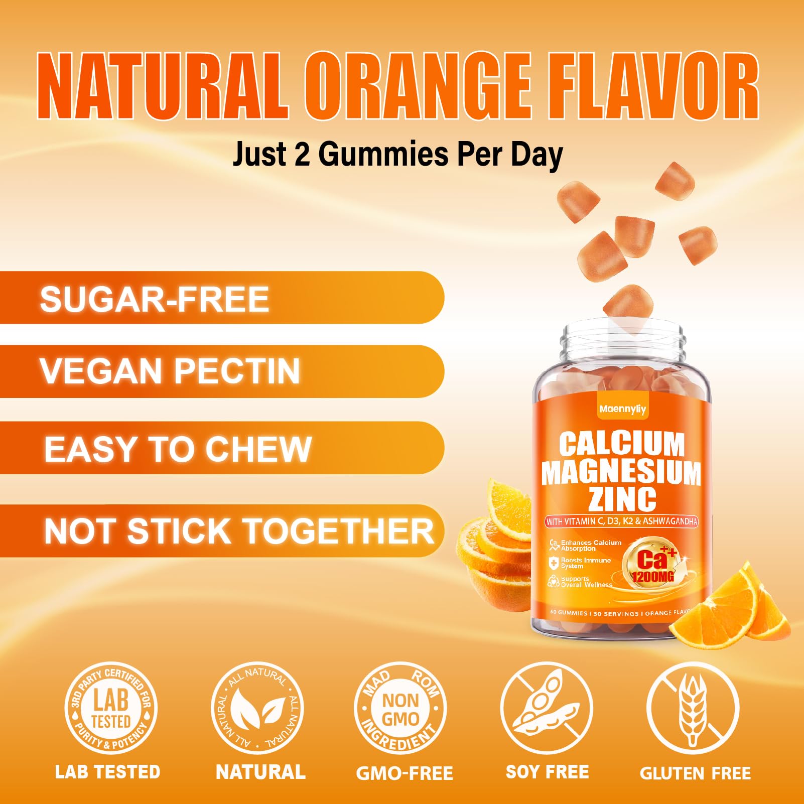 Calcium 1200 mg with Vitamin D3 Gummies for Adults - Calcium Citrate with Vitamin D3 K2, Magnesium, Zinc, Boron, Copper and Ashwagandha - Maple Wellness Supplements