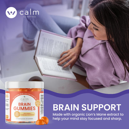 Calm by Wellness Lion’s Mane Gummies for Adults – Vegan Mushroom Gummies with Lion’s Mane & Cordyceps for Brain Support, Memory & Focus, Immune Boost – Citrus Flavor, 30 Count - Maple Wellness Supplements