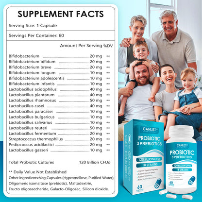 CANLIST Probiotics 120 Billion CFUs 18 Strains, 3 Prebiotics & Digestive Enzymes for Men Women,Digestive & Immune Support - Maple Wellness Supplements