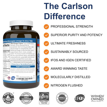 Carlson - Elite Omega-3 Gems, 1600 mg Omega-3 Fatty Acids Including EPA and DHA, Norwegian, Wild-Caught Fish Oil Supplement, Sustainably Sourced Omega - Maple Wellness Supplements