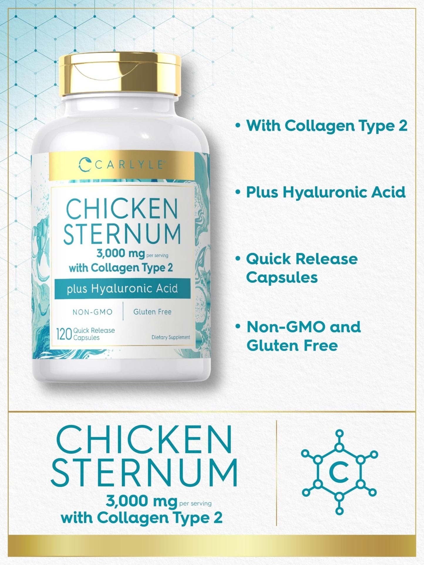 Carlyle Chicken Sternum Collagen Type 2 | 3000mg | 120 Capsules | Plus Hyaluronic Acid | Non-GMO, Gluten Free Supplement - Maple Wellness Supplements