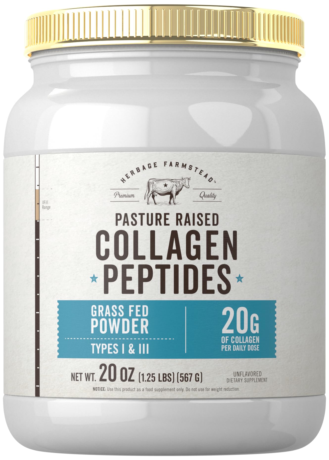 Carlyle Grass Fed Collagen Peptides Powder 20oz | Unflavored | Pasture Raised | Types I & III | 20g of Collagen Per Daily Dose | Non-GMO, Gluten Free | by Herbage Farmstead - Maple Wellness Supplements