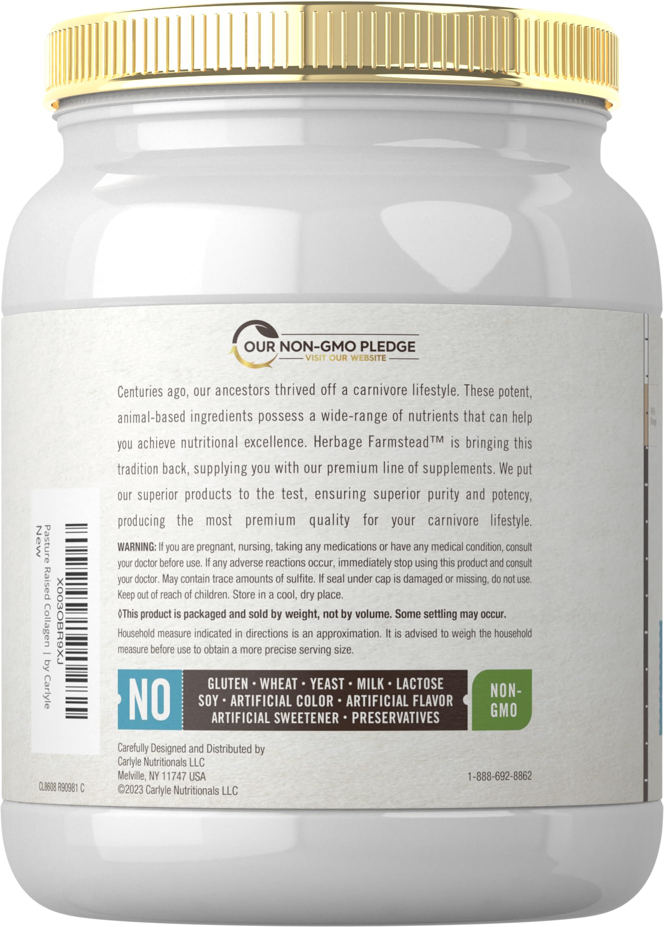 Carlyle Grass Fed Collagen Peptides Powder 20oz | Unflavored | Pasture Raised | Types I & III | 20g of Collagen Per Daily Dose | Non-GMO, Gluten Free | by Herbage Farmstead - Maple Wellness Supplements