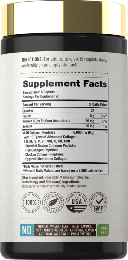 Carlyle Multi Collagen Peptides 6000mg | 120 Caplets | 10 Types of Advanced Collagen with Protein | Non-GMO, Gluten Free Supplement | by Herbage Farmstead - Maple Wellness Supplements