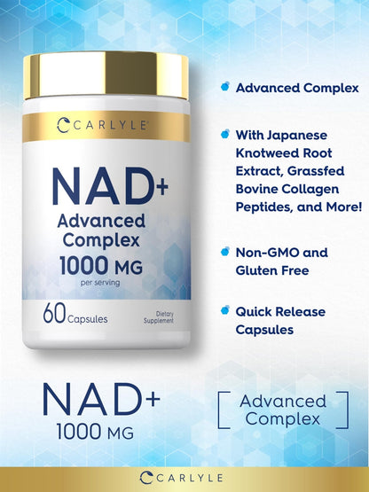 Carlyle NAD+ Supplement for Women & Men | 1000 mg | 60 Capsules | Advanced Complex with Resveratrol and Collagen | Non-GMO & Gluten Free - Maple Wellness Supplements