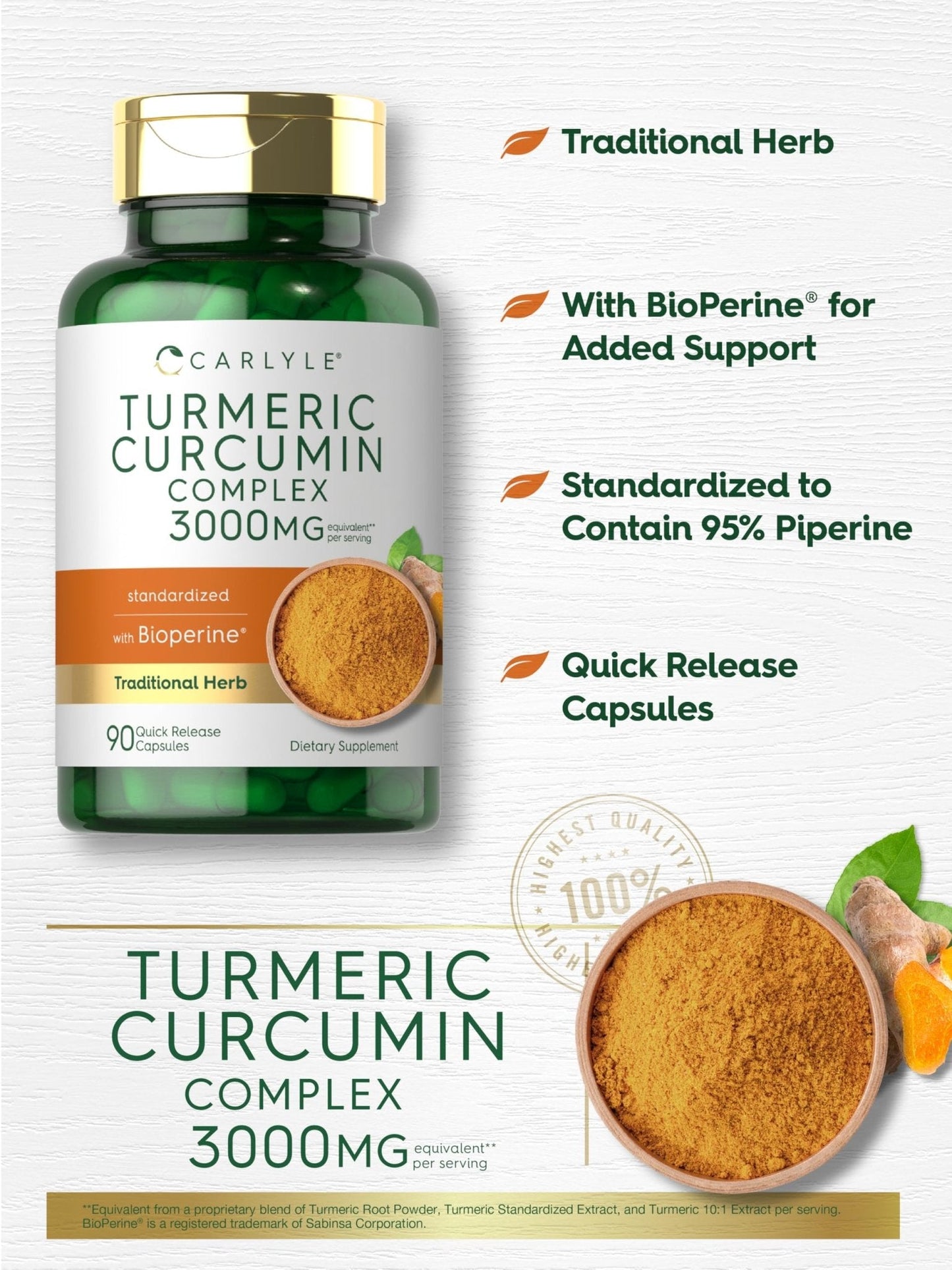 Carlyle Turmeric Curcumin with Black Pepper | 90 Powder Capsules | Complex Supplement with Bioperine | Non-GMO, Gluten Free - Maple Wellness Supplements