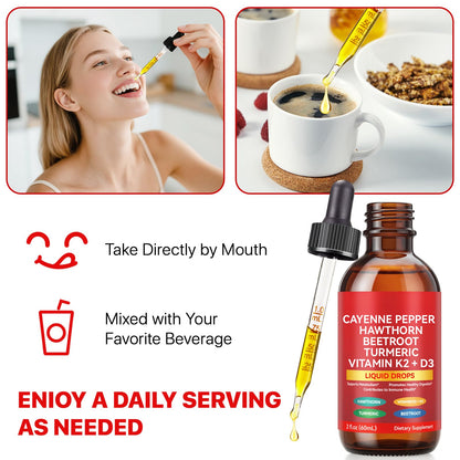 Cayenne Pepper Drops, Liquid Cayenne Pepper Organic, Cayenne Health Supplements, Cayenne Pepper Hawthorn Beet Root Turmeric Curcumin, Vitamin K2 & D3, Vegan-Friendly- 2 Fl Oz - Maple Wellness Supplements