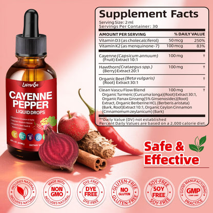 Cayenne Pepper Liquid Drops - Potent Blend with Hawthorn Berry, Turmeric Curcumin, Vitamin D3 K2, Beet Root & Panax Ginseng - Vegan, Non-GMO, High Absorbed Gentle Formula - 2 OZ - Maple Wellness Supplements