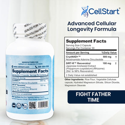 CellStart NAD+ Resveratrol Supplement 60 Capsules of 500mg | Anti Aging & Cellular Support Supplements for Women & Men - NAD Supplement Made in USA, (1-Month Supply) - Maple Wellness Supplements