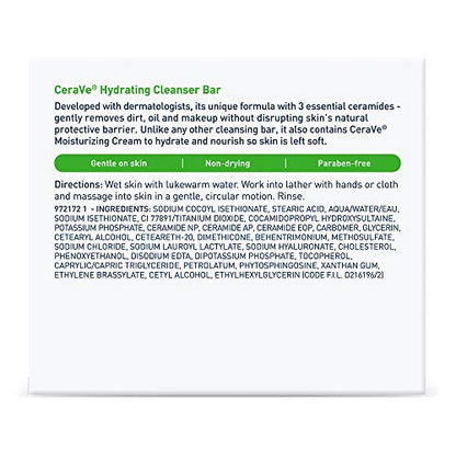 CeraVe Hydrating Cleanser Bar, Soap-Free Body and Facial Cleanser with 5% Moisturizing Cream, Fragrance-Free, 2-Pack, 4.5 Ounce Each - Maple Wellness Supplements