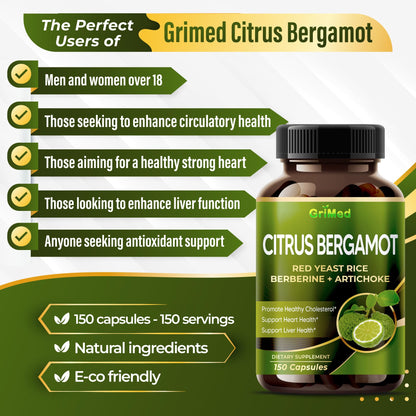 Citrus Bergamot with Red Yeast Rice, Garlic, Artichoke for Healthy Cholesterol, Heart Health (150 Count (Pack of 1)) - Maple Wellness Supplements