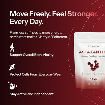 ClarityMD Astaxanthin 12mg Antioxidants Supplement – Natural Microalgae Source – Lipid-Based Softgel for Enhanced Absorption – Cognitive - Maple Wellness Supplements