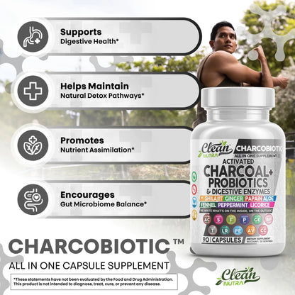 Clean Nutra Activated Charcoal Pills + Shilajit Probiotic Digestive Enzymes for Digestive Health Capsules with Peppermint Fennel Licorice Papain Ginger Turmeric Powder | Gut Health - Maple Wellness Supplements
