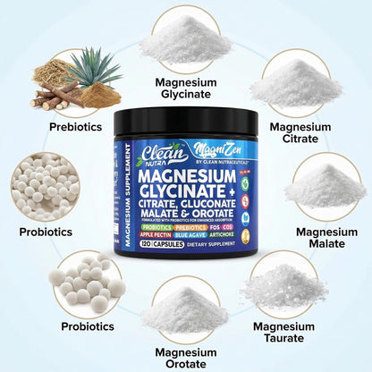 Clean Nutra Magnesium Glycinate Citrate Malate Orotate Taurate Supplement Complex + 10 Strain Probiotic Prebiotics FOS GOS Inulin Sleep Calm Support Apple Pectin – 120 Vegan Capsules - Maple Wellness Supplements