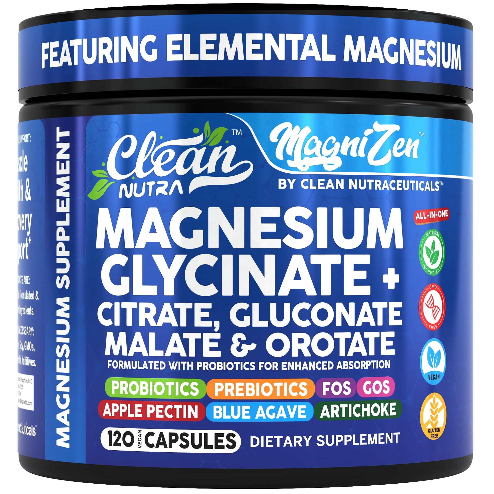 Clean Nutra Magnesium Glycinate Citrate Malate Orotate Taurate Supplement Complex + 10 Strain Probiotic Prebiotics FOS GOS Inulin Sleep Calm Support Apple Pectin – 120 Vegan Capsules - Maple Wellness Supplements