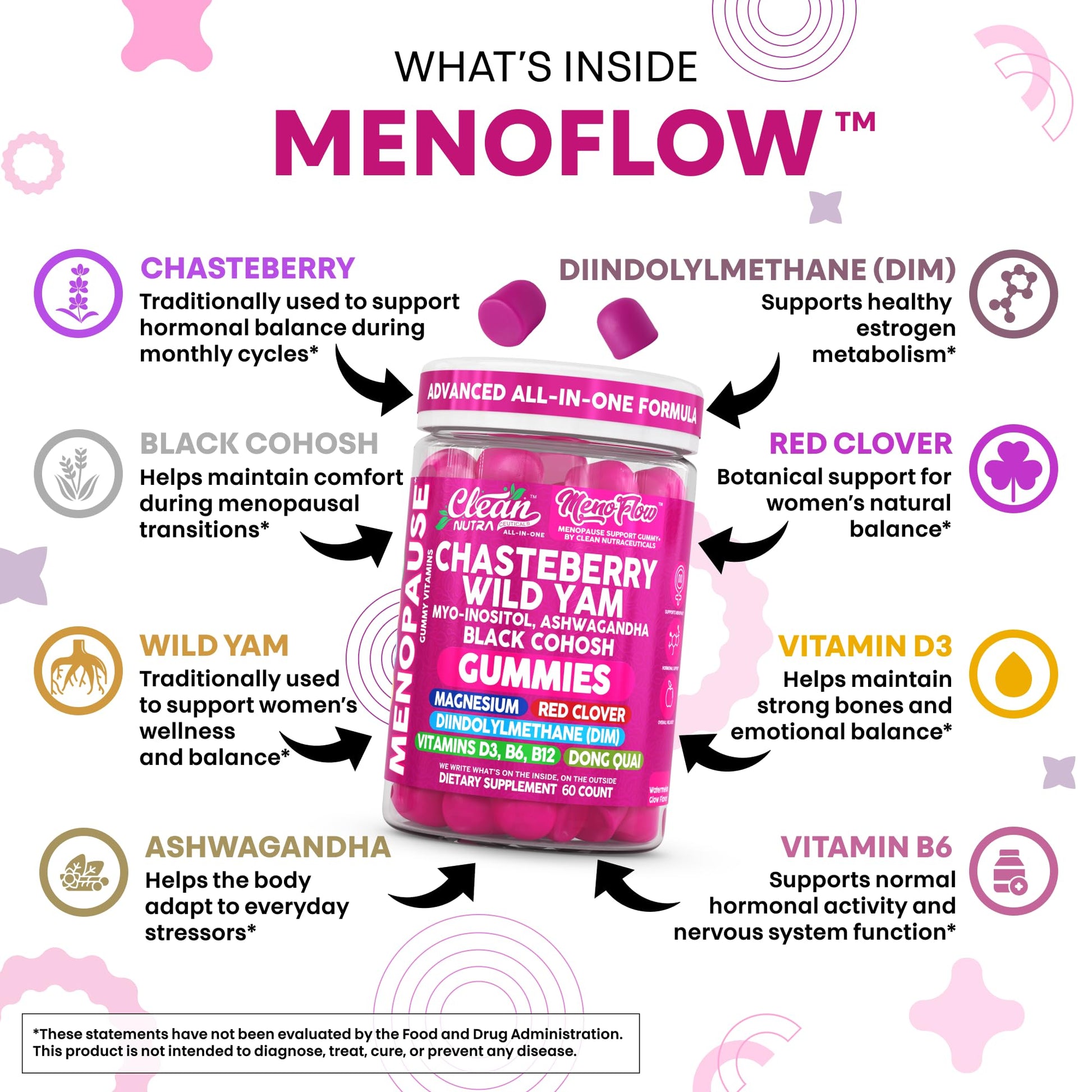 Clean Nutra Menopause Supplements for Women Chastberry Wild Yam Gummies Inositol Black Cohosh Magnesium Red Clover DIM Supplement B6 Magnesium Glycinate Glycine Vitex Hormone Balance Gummy Vitamins - Maple Wellness Supplements