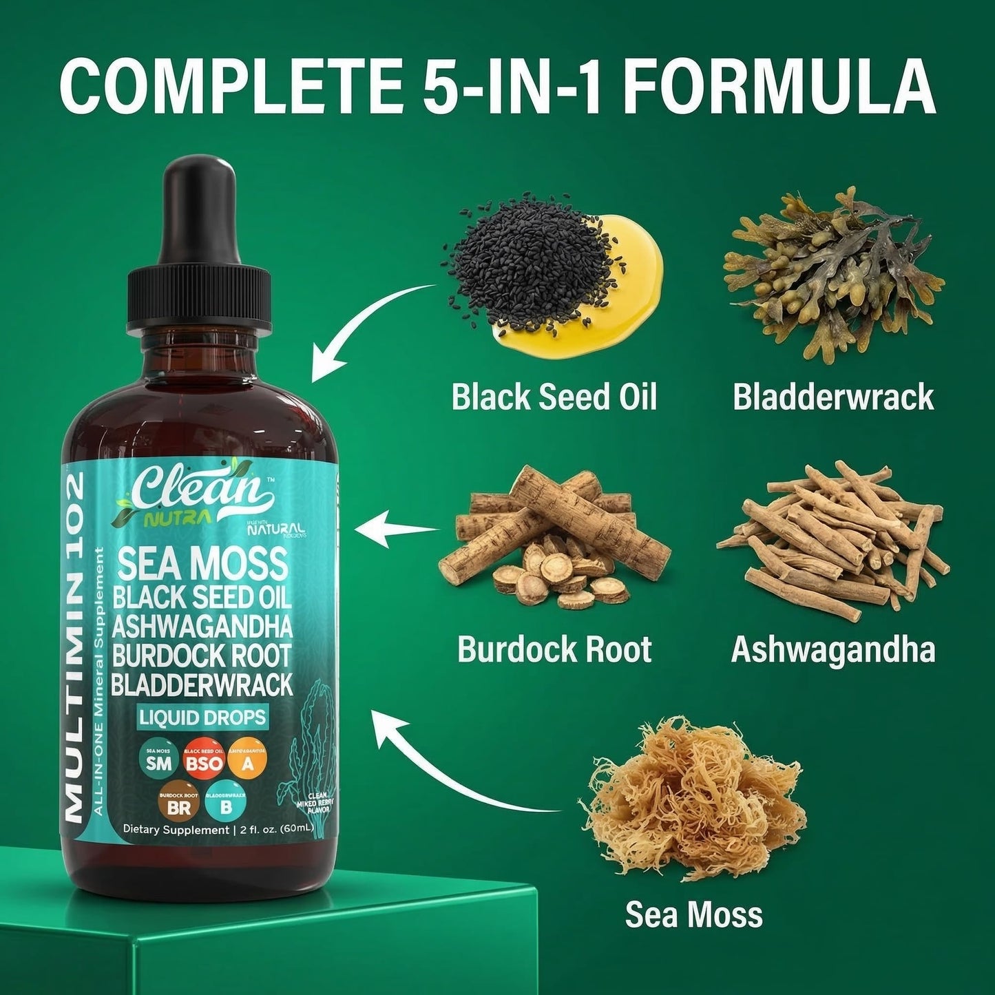 Clean Nutra Organic Sea Moss Drops Supplement | Black Seed Oil Irish Seamoss Ashwagandha Burdock Root & Bladderwrack - Multimineral Liquid Vegan - Maple Wellness Supplements