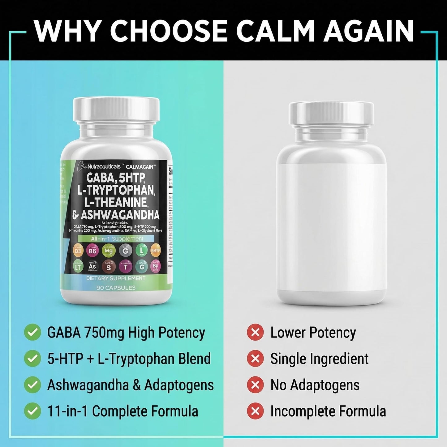 Clean Nutraceuticals GABA 750mg 5 HTP 200mg L Tryptophan 500mg L Theanine 200mg Ashwagandha SAM-e L-Glycine - Mood Support Vitamins for Women and Men with L-Tyrosine 5-HTP - Maple Wellness Supplements