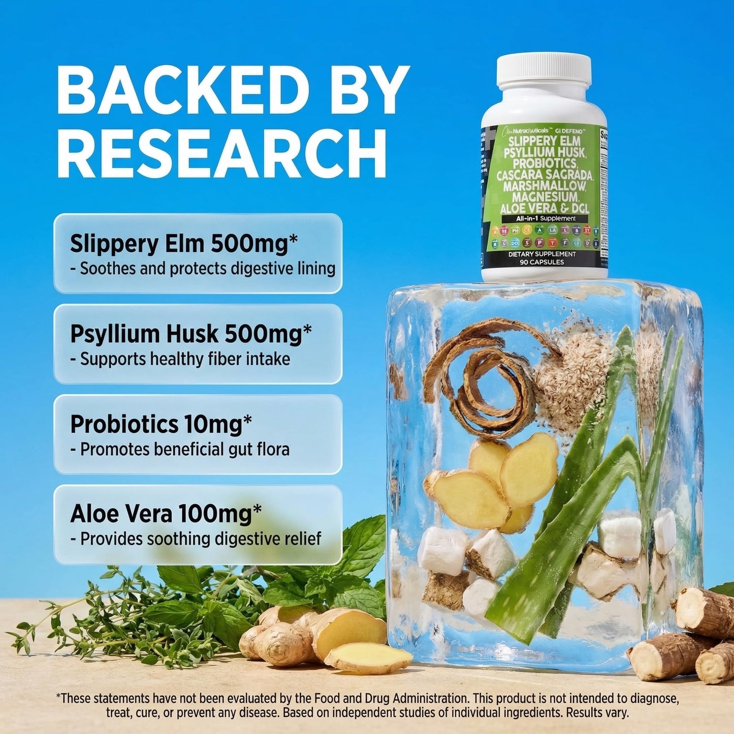 Clean Nutraceuticals Slippery Elm Psyllium Husk Pre Probiotic Digestive Gut Health Supplement with Aloe Vera Cascara Sagrada - Maple Wellness Supplements