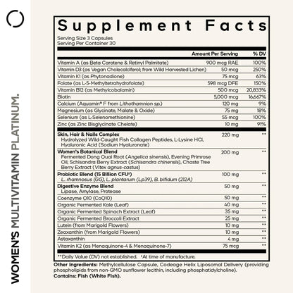 Codeage Women’s Multivitamin Platinum - Vitamins A D3 K1 K2 B12 & Minerals, CoQ10, Skin, Hair & Nails Complex, Collagen, Botanicals, Probiotics - Maple Wellness Supplements