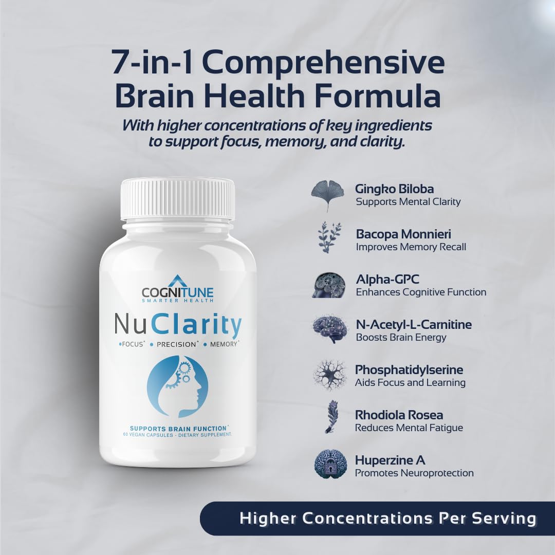 CogniTune NuClarity Brain Supplement for Memory and Focus - Caffeine-Free Nootropic for Mental Clarity Without Jitters - with Ginkgo Biloba, Bacopa Monnieri, Alpha-GPC for Cognitive Support - Maple Wellness Supplements
