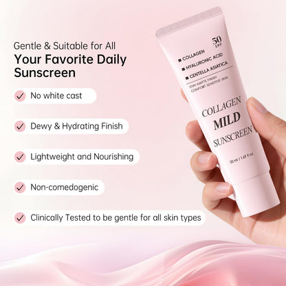 Collagen Mild Sunscreen SPF 50 for Face, Broad Spectrum Protection, Hydrating Facial Sunscreen with Peptides & Cica, Lightweight Non-Greasy, No White Cast, Natural Glow, Travel Size (2 PCS) - Maple Wellness Supplements