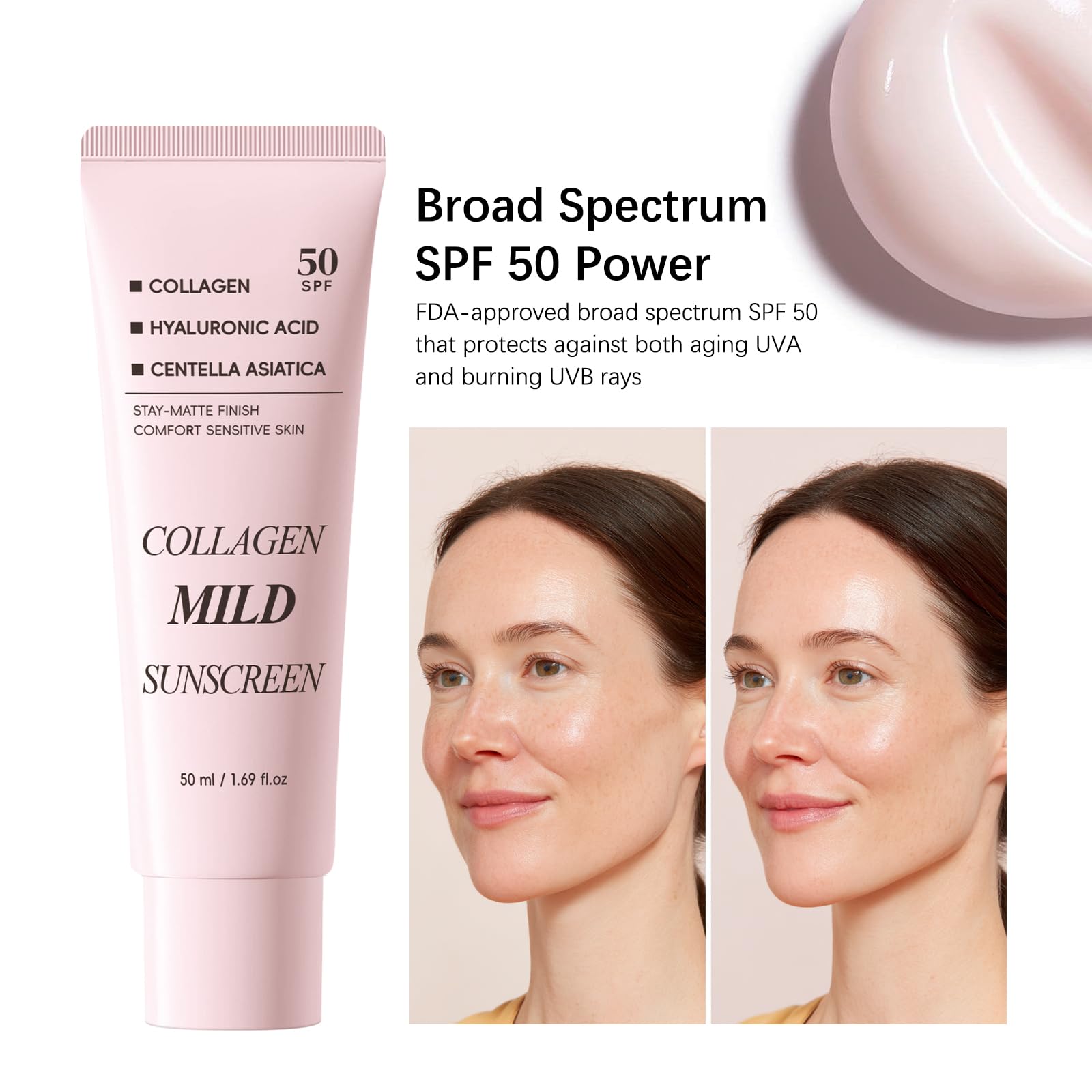 Collagen Mild Sunscreen SPF 50 for Face, Broad Spectrum Protection, Hydrating Facial Sunscreen with Peptides & Cica, Lightweight Non-Greasy, No White Cast, Natural Glow, Travel Size (2 PCS) - Maple Wellness Supplements