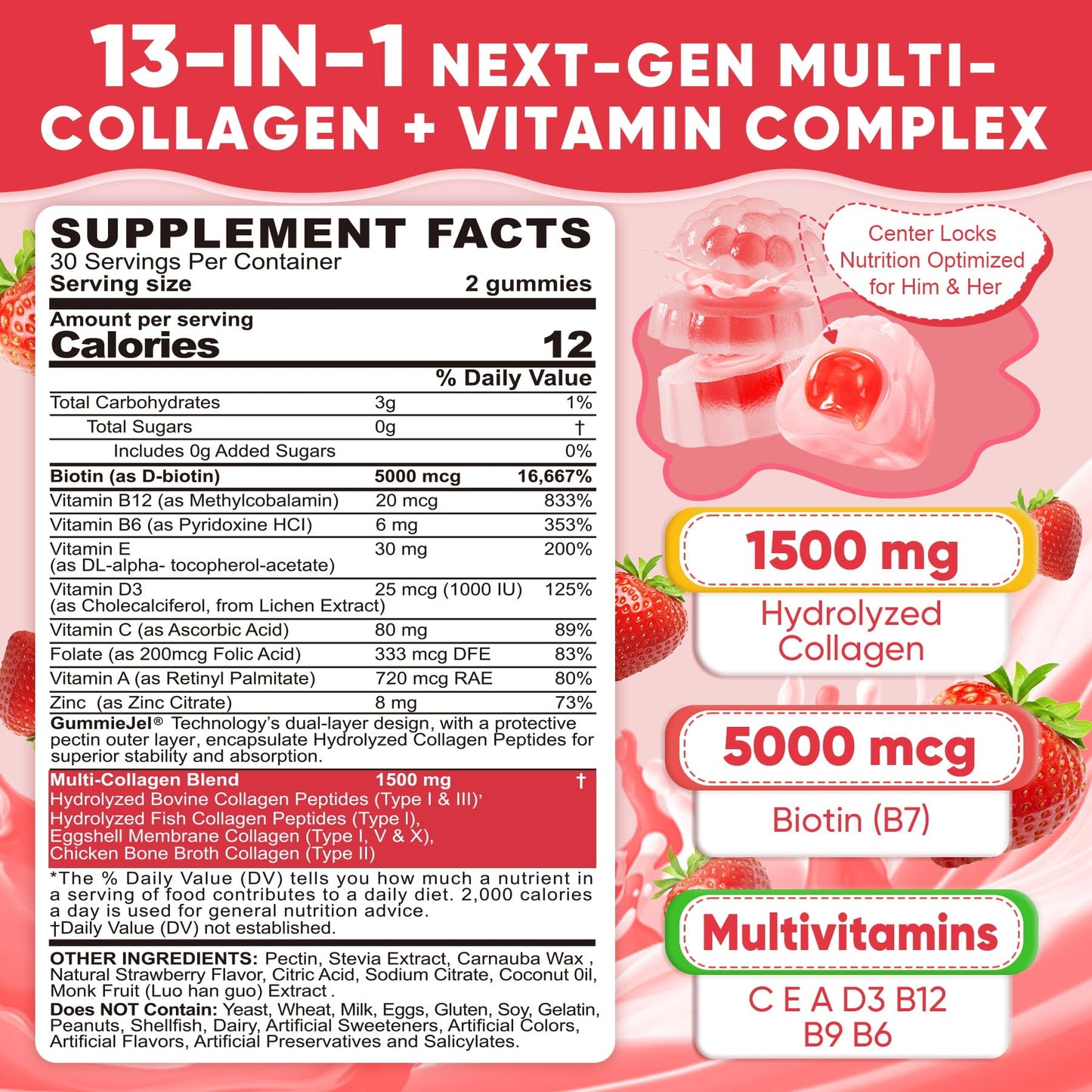 Collagen Peptide Gummies for Women & Men Sugar-Free, Multi Collagen Hydrolyzed w/ 1500mg Protein Type I,II,III,V,X, 5000mcg Biotin, Methylated B12, Vitamin C A E D3 B6 - Maple Wellness Supplements