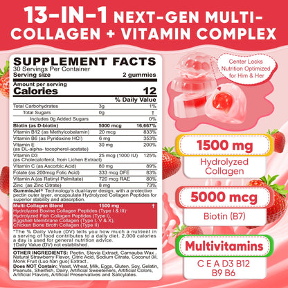 Collagen Peptide Gummies for Women & Men Sugar-Free, Multi Collagen Hydrolyzed w/ 1500mg Protein Type I,II,III,V,X, 5000mcg Biotin, Methylated B12, Vitamin C A E D3 B6 - Maple Wellness Supplements