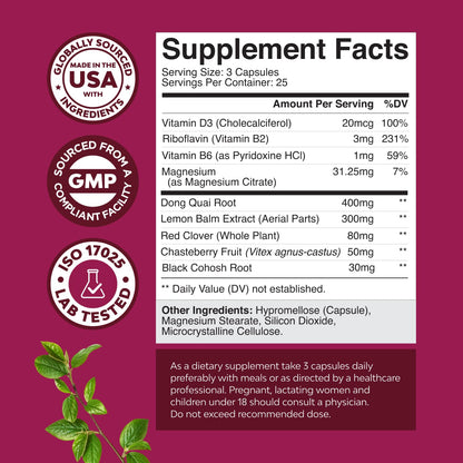 Complete Herbal Menopause Supplement for Women - Soy Free Female Hormone Balance Capsules for Night Sweats Hot Flashes & Mood Swings with Dong Quai, Chaste Berry & Black Cohosh Root - 75 Count - Maple Wellness Supplements
