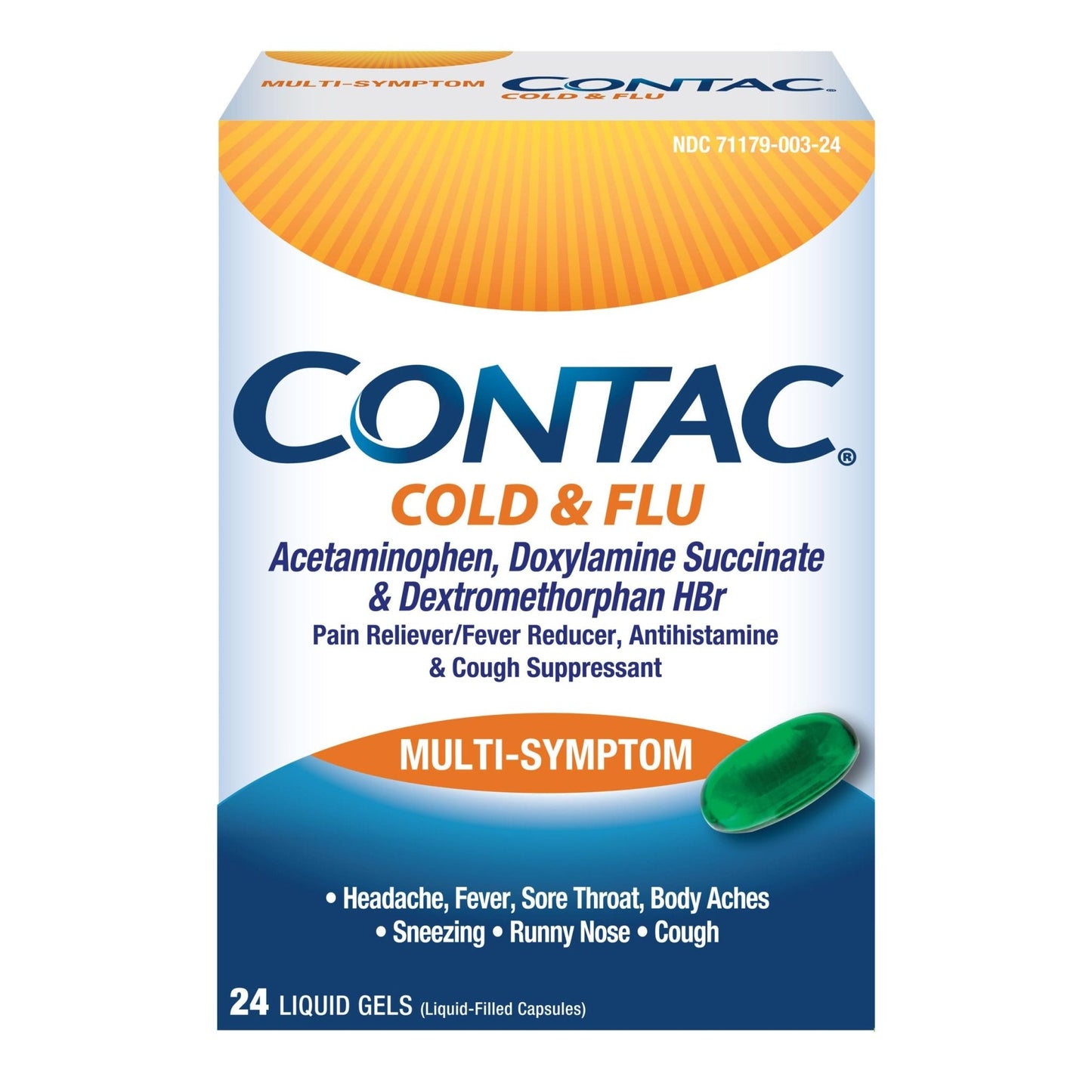 Contac Cold & Flu Medicine, Powerful, Multi-Symptom Relief for Pain, Fever, Sore Throat, Body Aches, Sneezing, Runny Nose & Cough, 24 Count Liquid Gels - Maple Wellness Supplements