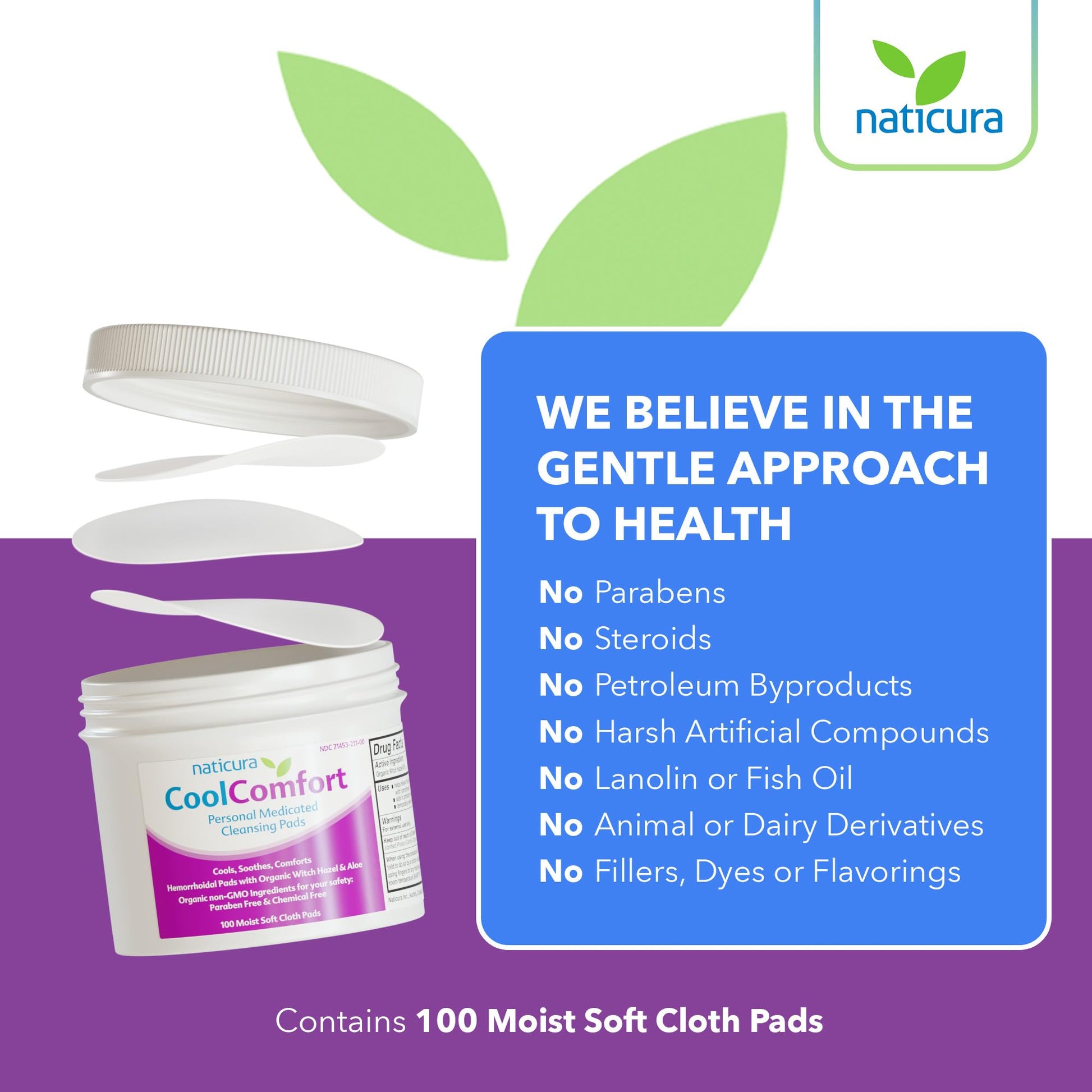 CoolComfort Personal Cleansing Pads with Organic Witch Hazel and Aloe Vera - All Natural and Fast Acting Wipes for Hemorrhoid Burning, Itching, Pain and Swelling - 100 Pads - No Parabens - Made in USA - Maple Wellness Supplements