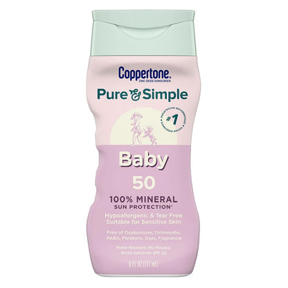 Coppertone Pure and Simple Baby Sunscreen Lotion SPF 50, Zinc Oxide Mineral Sunscreen for Babies, Hypoallergenic and Tear Free, 6 Fl Oz Bottle - Maple Wellness Supplements