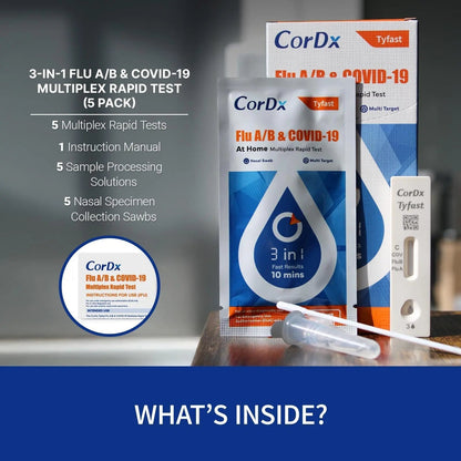 CorDx TyFast at Home Flu A/B & COVID-19 Multiplex Rapid Test Kit, Easy, Accurate, Fast Results in 10 Minutes, 3 in 1 Combo Kit, 5 Tests - Maple Wellness Supplements