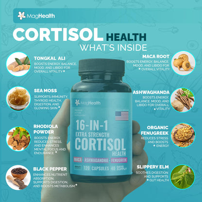 Cortisol Complex 16-in-1 Supplement for Women & Men | Stress Support Manager with Organic Ashwagandha, Maca Root, Rhodiola Rosea & Shilajit | Adaptogen Blend for Balance & Energy | 120 Capsules - Maple Wellness Supplements